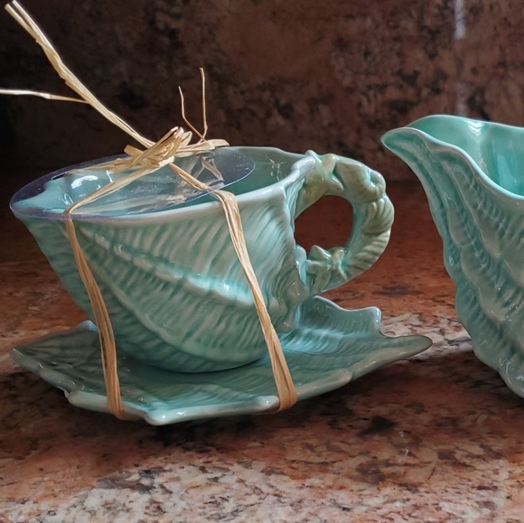 Blue Sky Clayworks Aqua Seashell Figural Teacup&Saucer and Creamer 3 Piece Set - Picture 2 of 8